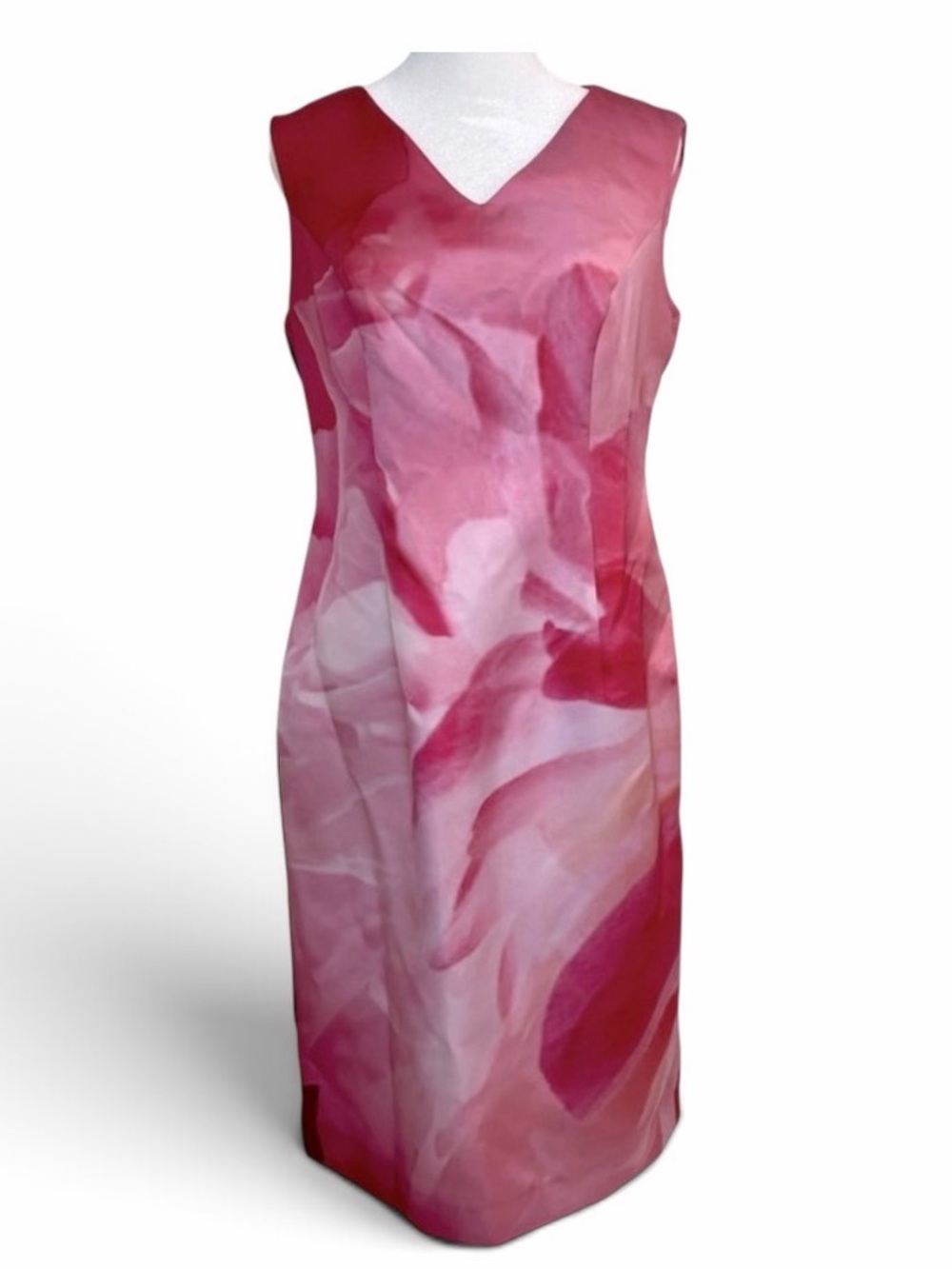 Carolina Herrera Elegant Pink Abstract Rose Floral V-Neck Shift Dress Sz 14